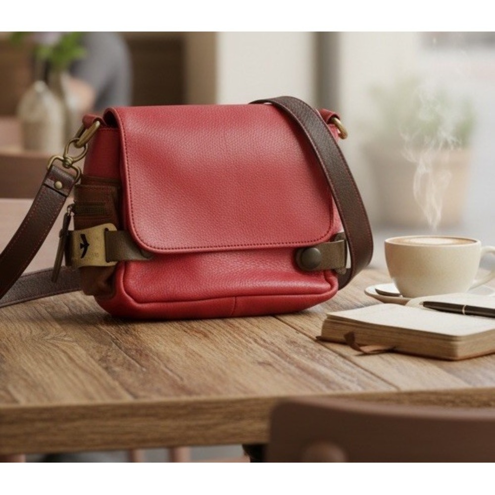 Cecile Jeanne PARIS RED GENUINE LEATHER LOGO SMALL SHOULDER BAG HANDBAG PURSE